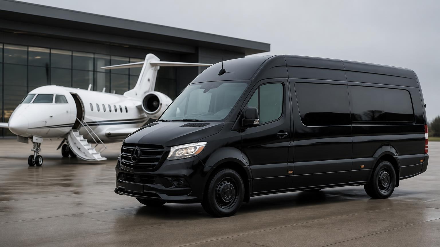 Black executive van on an airport apron beside a private jet