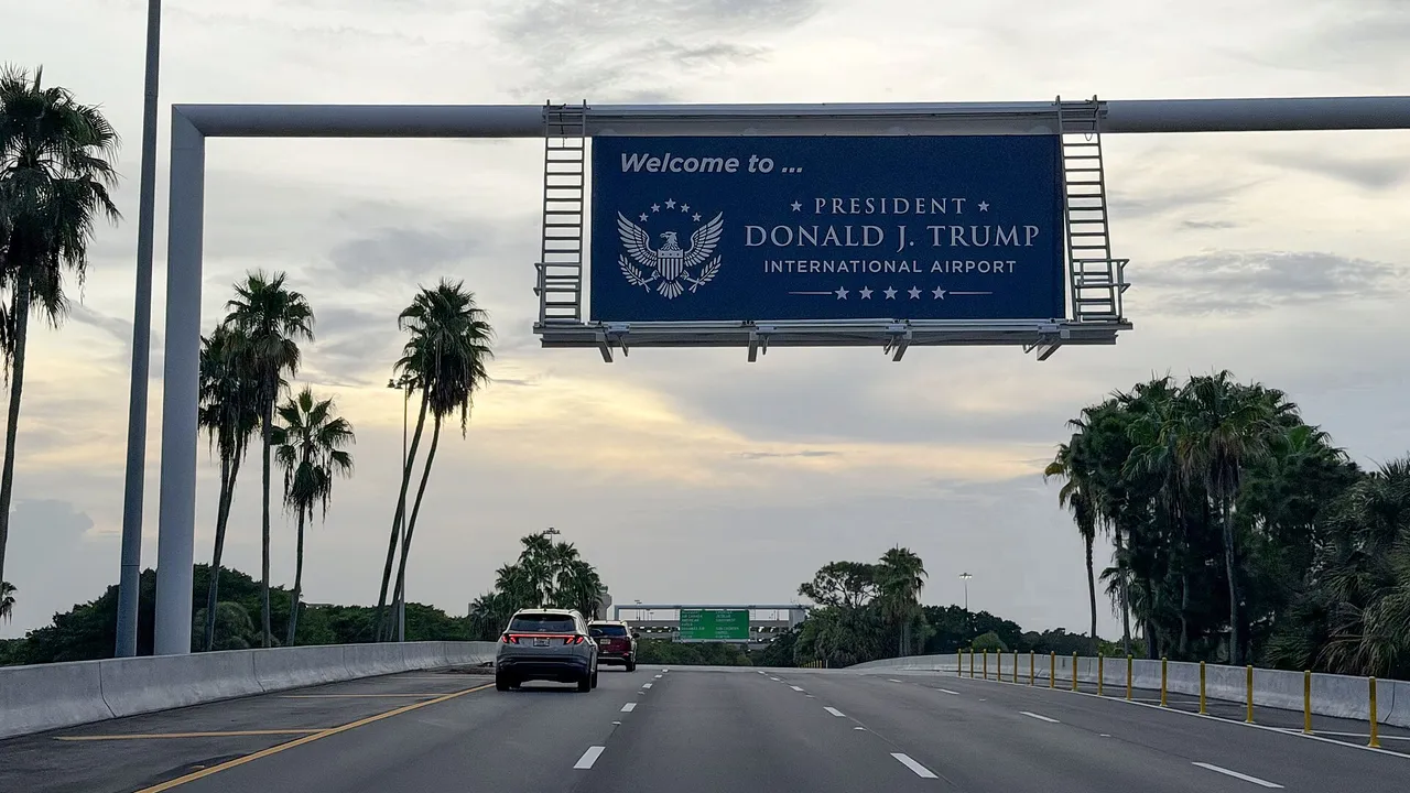 Entrance sign for President Donald J. Trump International Airport in West Palm Beach
