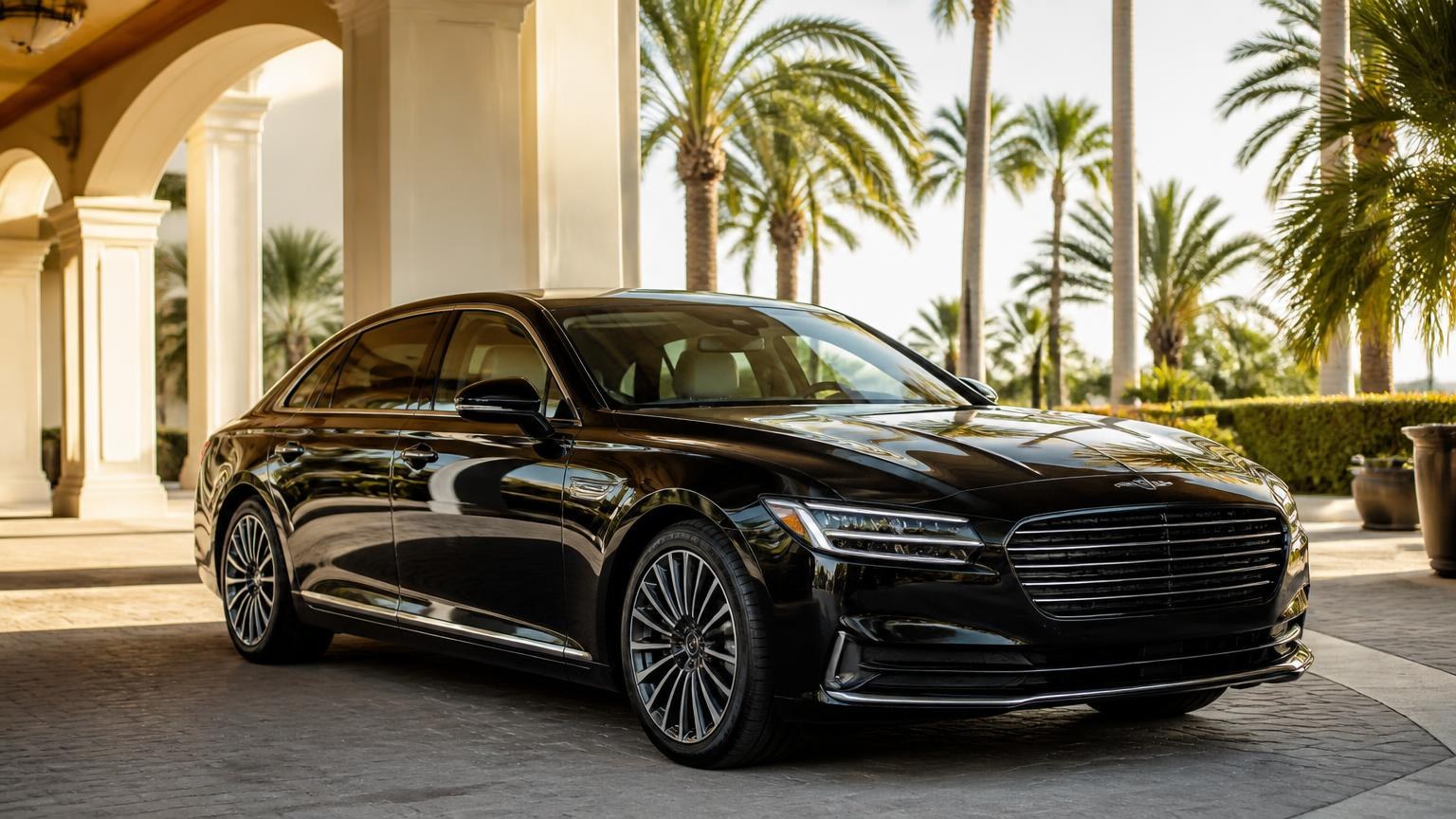 Black luxury sedan under a palm-lined hotel portico