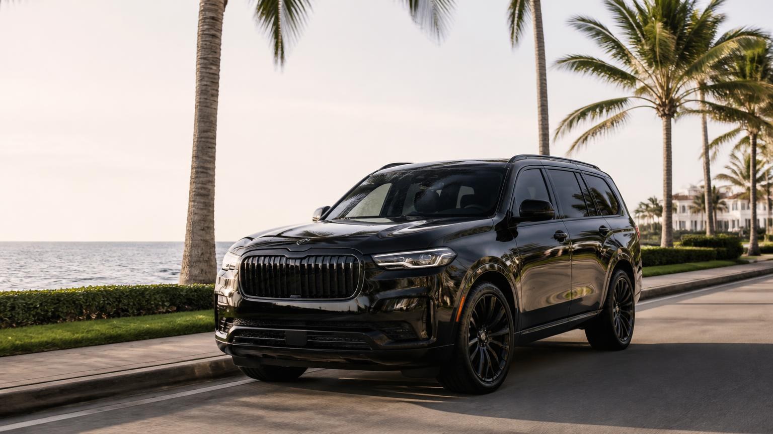 Black full-size luxury SUV on a palm-lined coastal drive