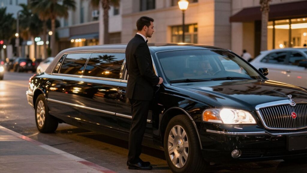 Luxury limousine parked on a Jackson, MS street at dusk.