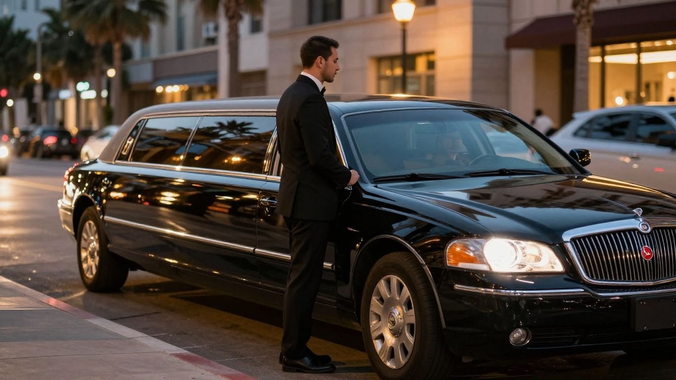 Luxury limousine parked on a Jackson, MS street at dusk.