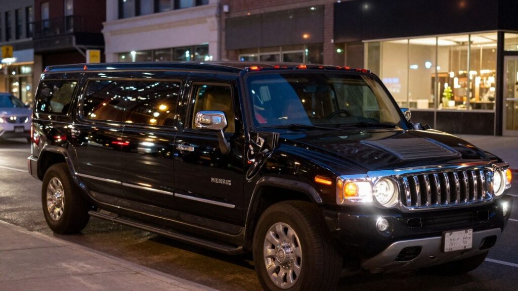 Black Hummer limousine at night, city lights reflection.
