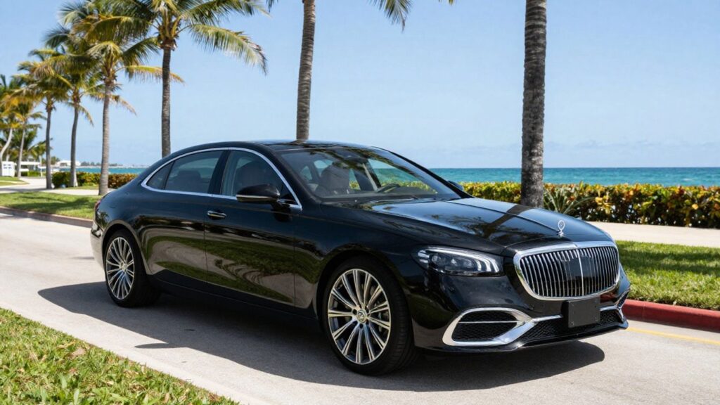 Luxury sedan driving on a sunny Palm Beach road.