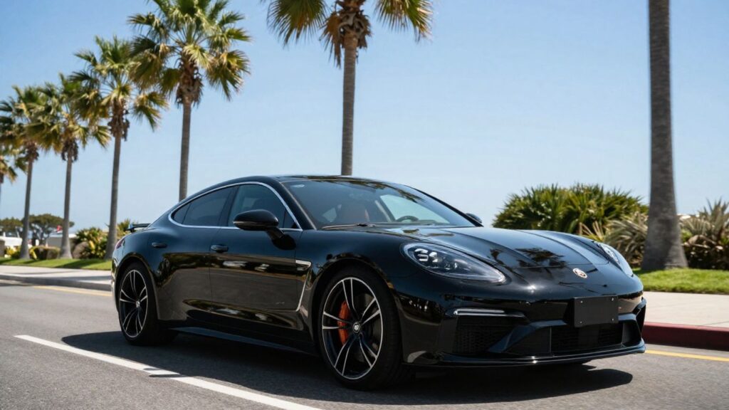 Luxury sedan on a scenic coastal road.