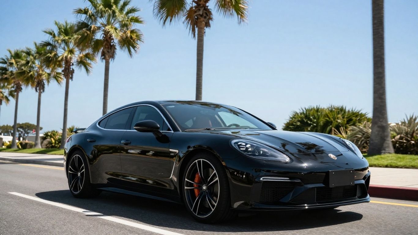 Luxury sedan on a scenic coastal road.