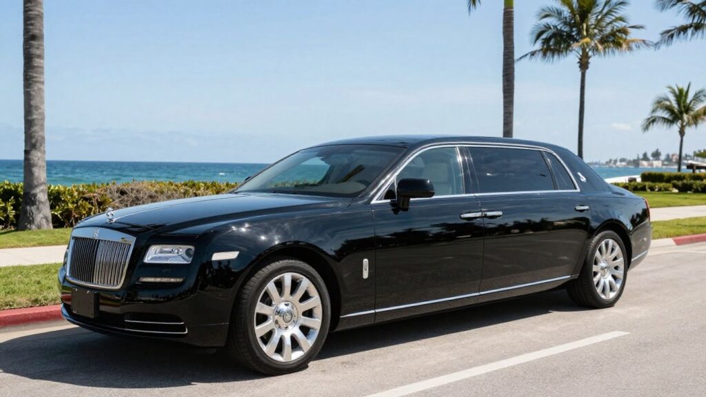 Luxury limousine on Singer Island street with palm trees.