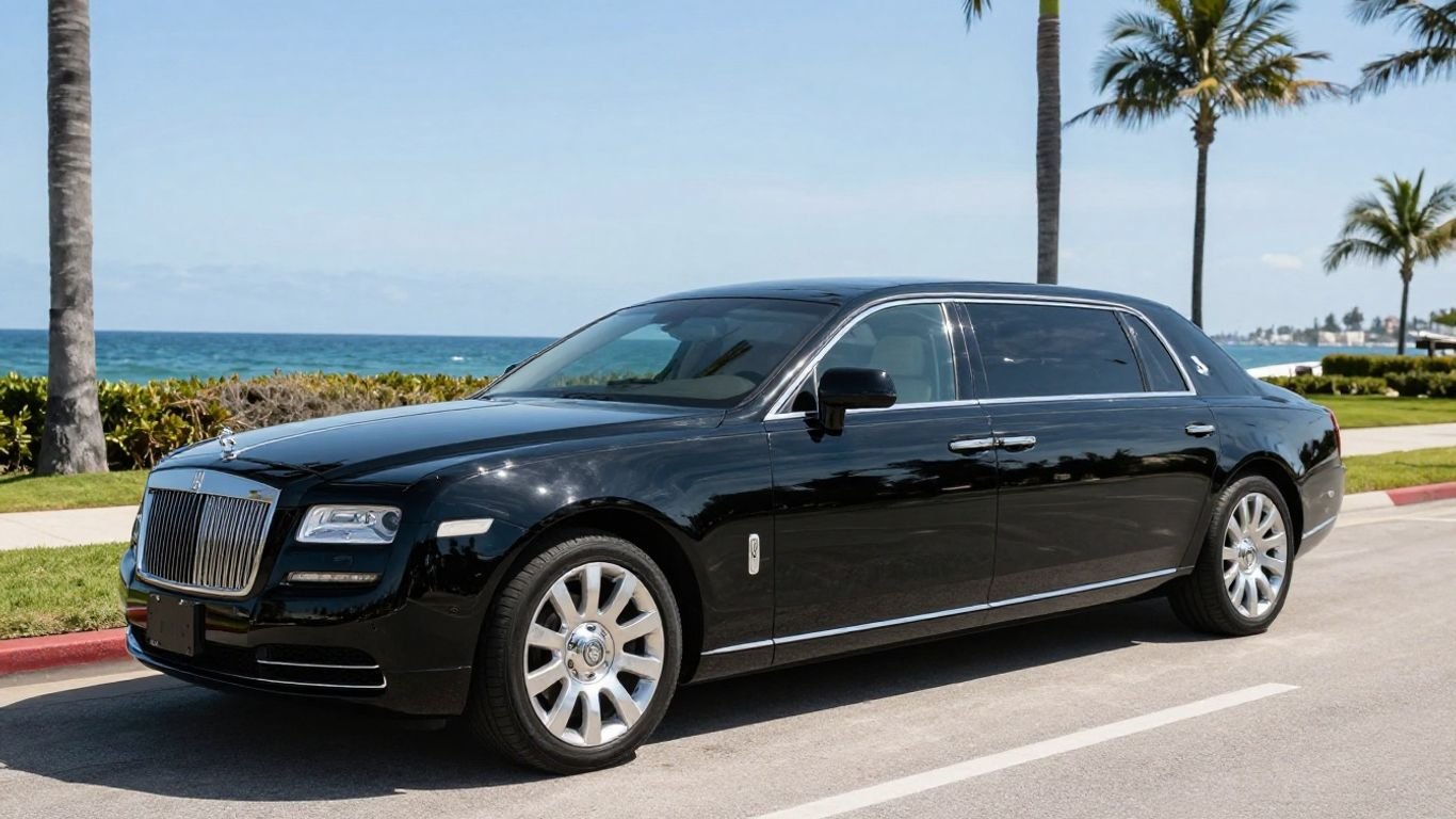 Luxury limousine on Singer Island street with palm trees.