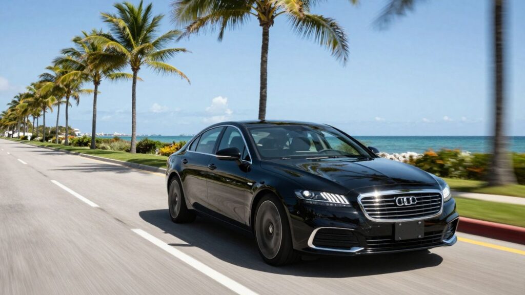 Luxury sedan driving on Singer Island coastal road.